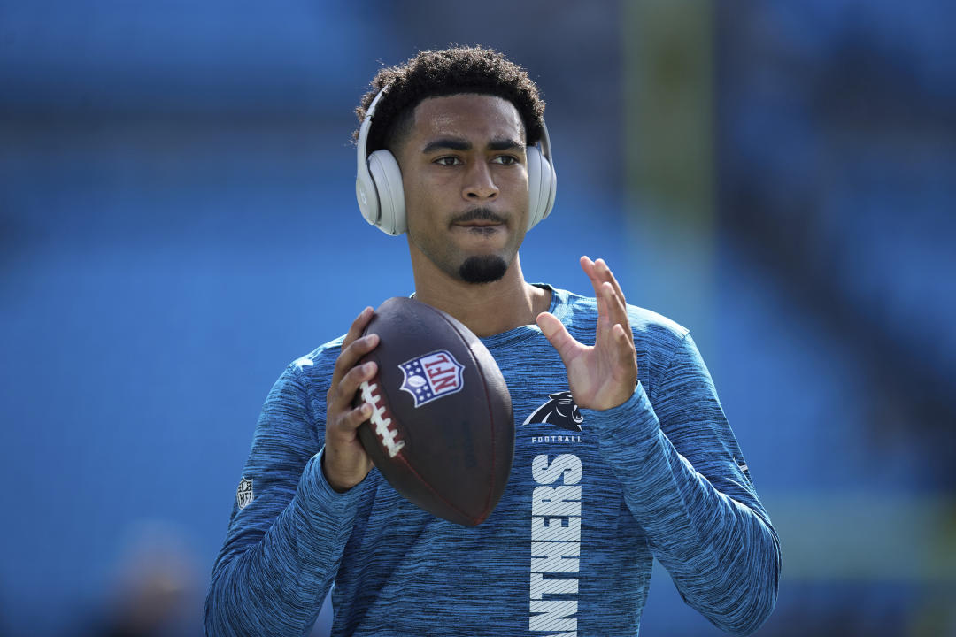 Carolina Panthers quarterback Bryce Young (9) warms up before an NFL football game against the New Orleans Saints, Sunday, Nov. 3, 2024, Charlotte, NC (AP Photo/Brian Westerholt)