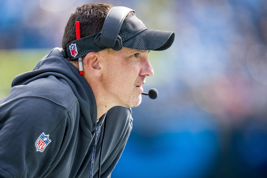 New Orleans Saints head coach Dennis Allen looks on during an NFL football game against the Carolina Panthers on Sunday, Nov. 03, 2024, in Charlotte, NC (AP Photo/Rusty Jones)