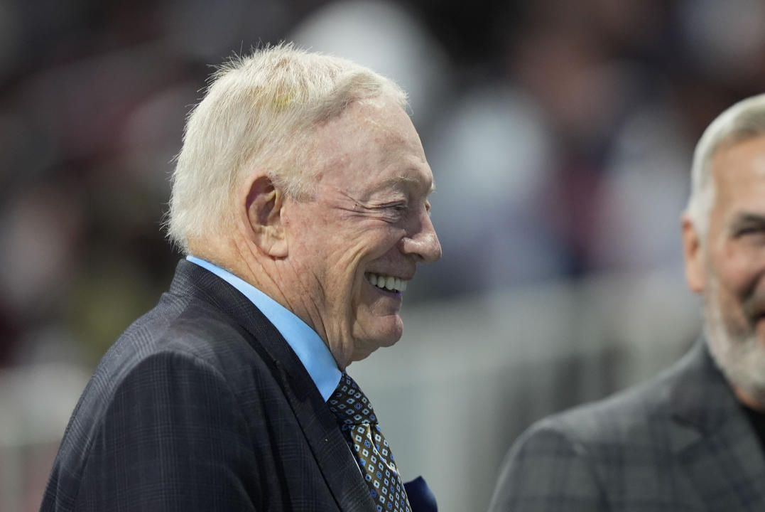 Dallas Cowboys owner Jerry Jones walks the field before the NFL football game against the Atlanta Falcons, Sunday, Nov. 3, 2024, Atlanta. (AP Photo/ Brynn Anderson)