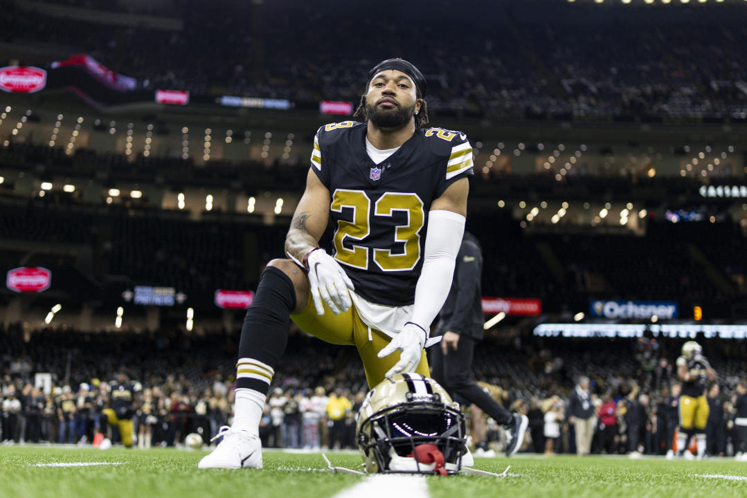 NEW ORLEANS, LOUSIANA - OCTOBER 17: Marshon Lattimore #23 of New Orleans looks on as he stretches before an NFL football game against the Denver Broncos at Caesars Superdome on October 17, 2024 in New Orleans, Lousiana. (Photo by Michael Owens/Getty Images)