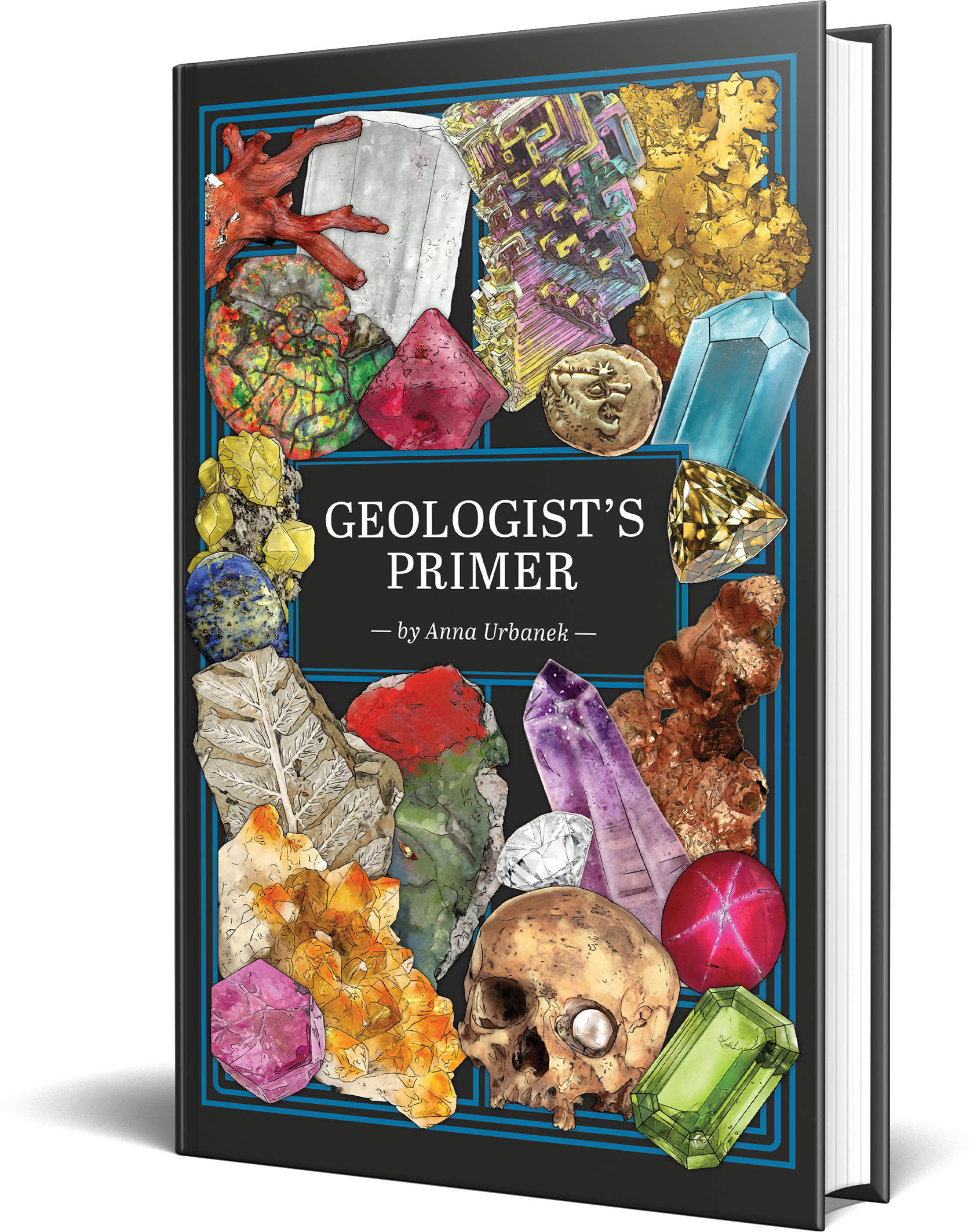 The cover of the Geology Textbook shows gems, corals, fossils, and even a skull with a diamond eye.